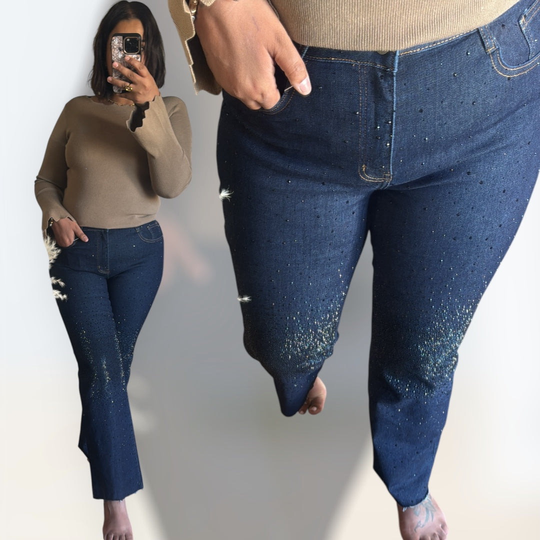 Jeans Rectos de Tiro Alto con Brillantes - Vaqueros Denim Glam (Tallas S-XXL)