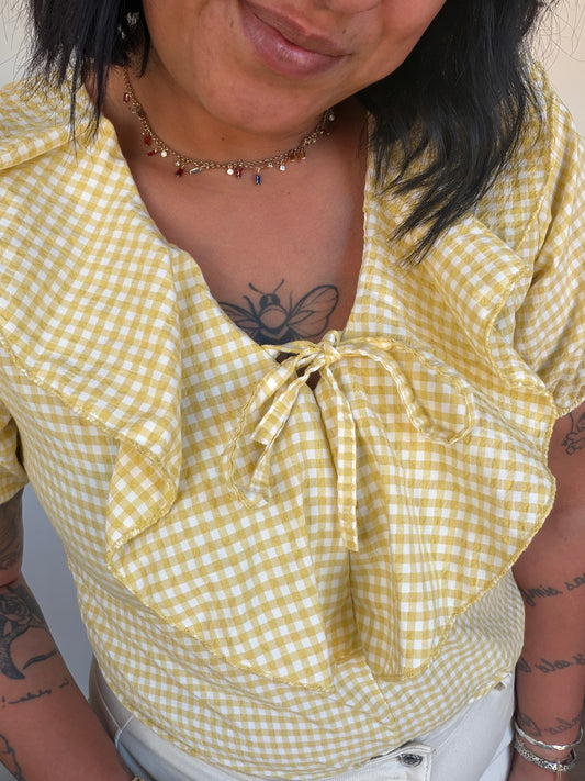 Detalle lazo frontal Blusa Honey vichy amarillo — moda mujer Meknes Store