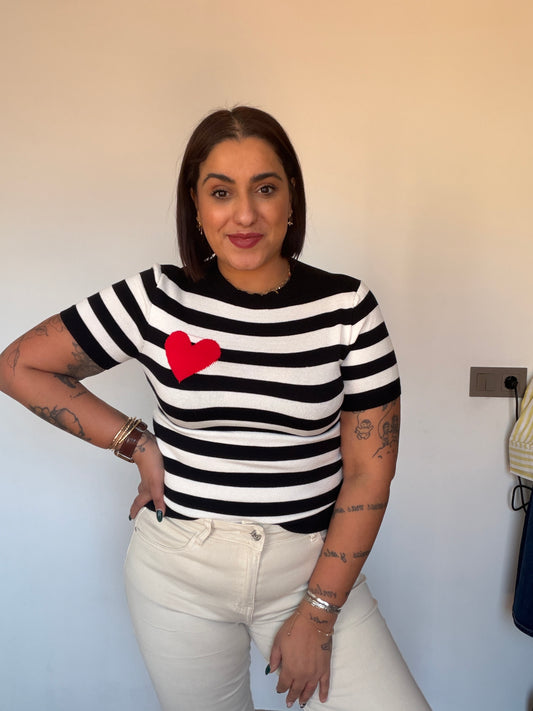 amiseta de punto manga corta color azul marino con rayas blancas Meknes Store.