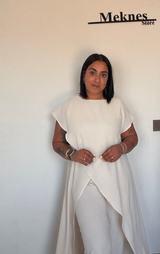 Detalle bajo asimétrico top Conjunto Agadir blanco roto — Meknes Store