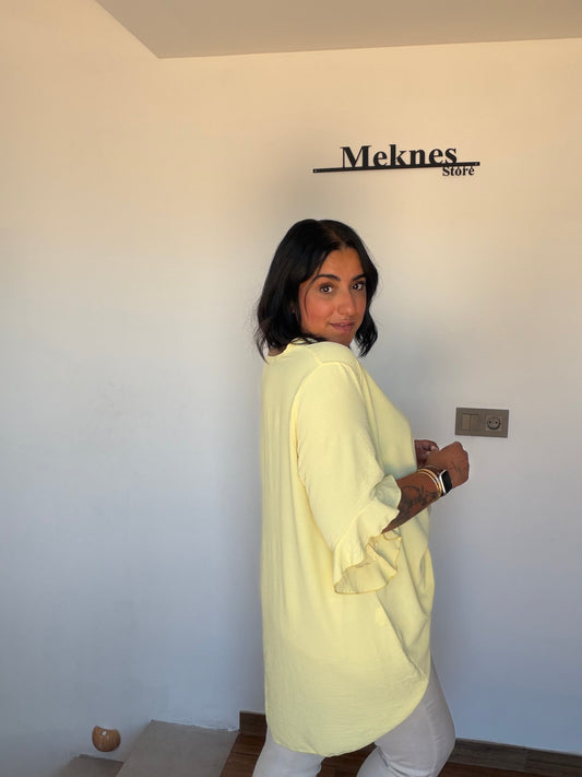 Detalle cuello redondo y tejido punto Jersey Oversized Ámbar amarillo — Meknes Store