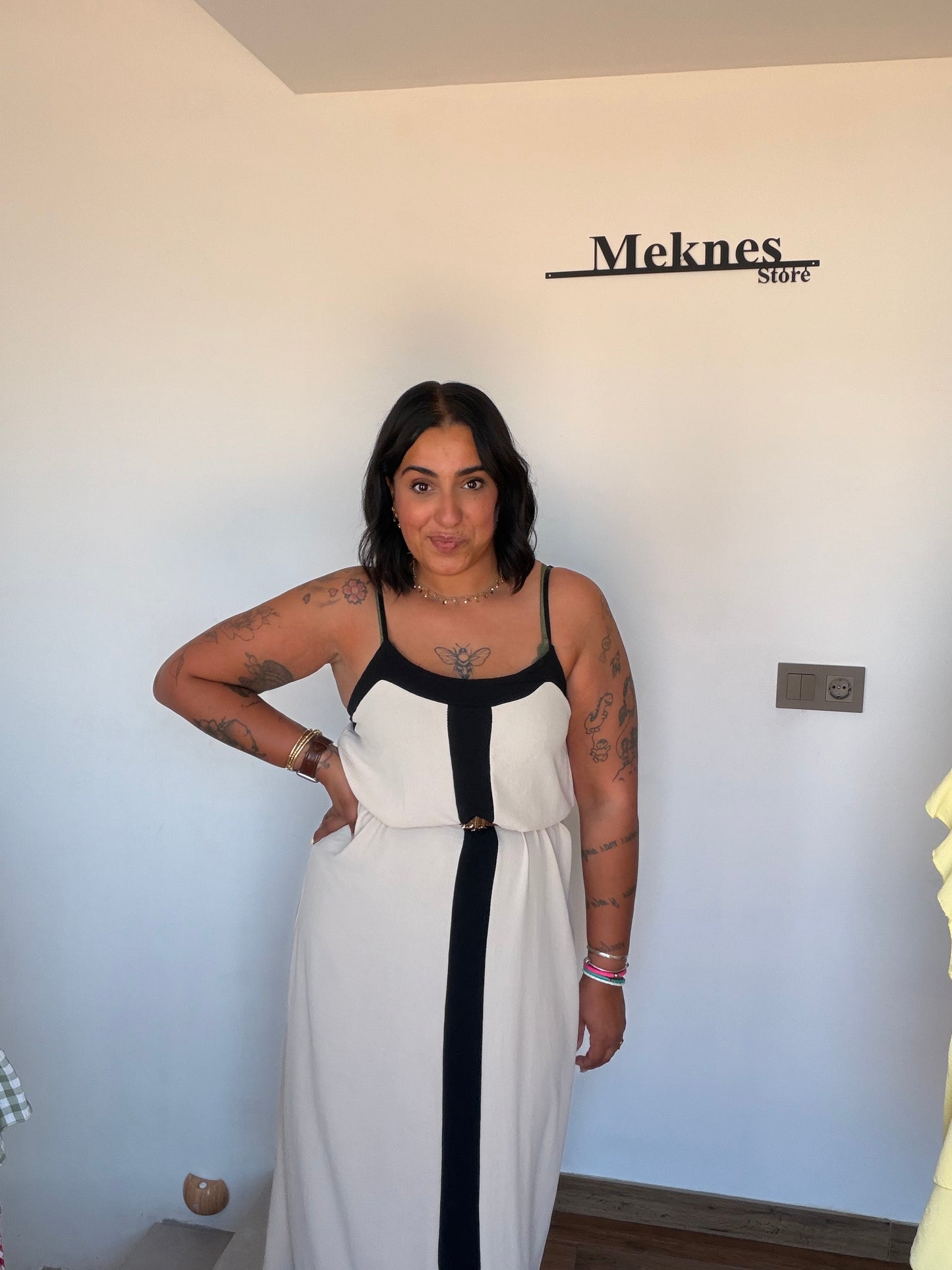 Vestido Palm bicolor blanco negro caída maxi hasta el suelo — Meknes Store