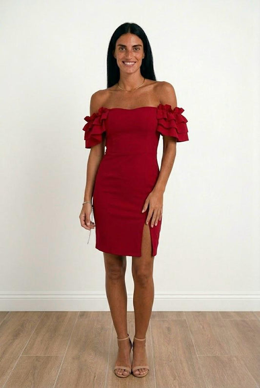 Silueta completa Vestido Volantes rojo mini abertura frontal bajo — Meknes Store