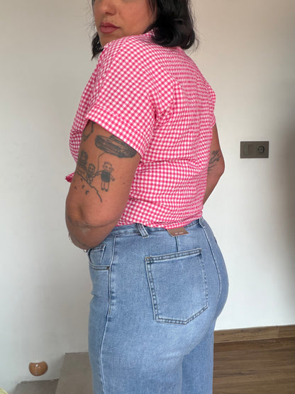 Vista lateral Bermuda Denim Tiro Alto azul silueta clásica — Meknes Store