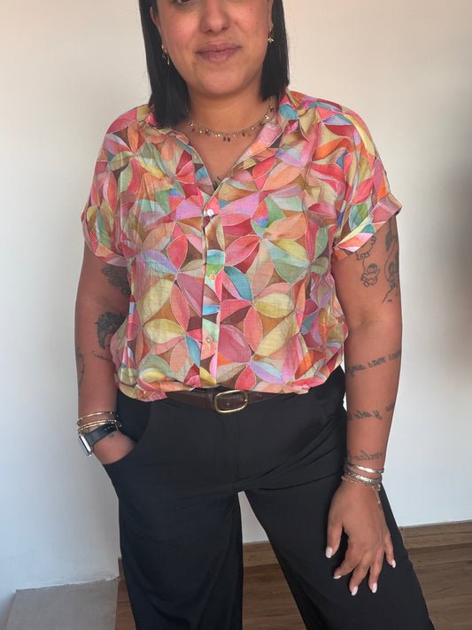 Blusa mosaico multicolor efecto acuarela mujer manga corta Meknes Store