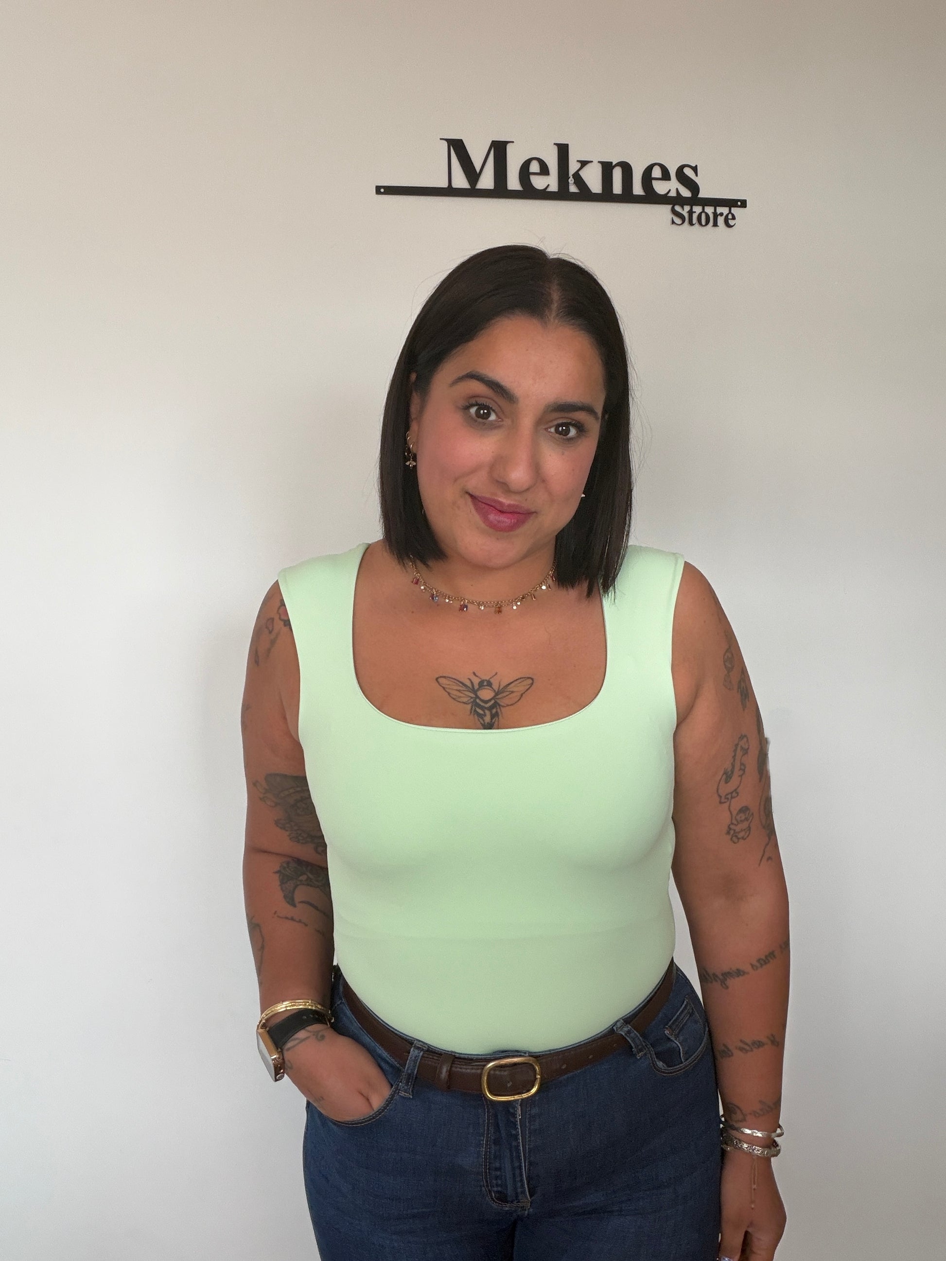 Body verde menta ajustado con escote cuadrado y tirante ancho para mujer Meknes Store