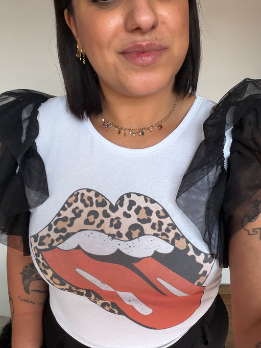 camiseta-manga-tul-negra-labios-leopardo-meknes