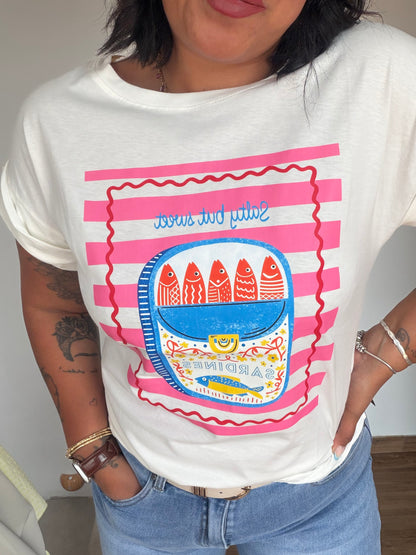 Camiseta Mar diseño bogavante rayas rosas lettering costero — Meknes Store