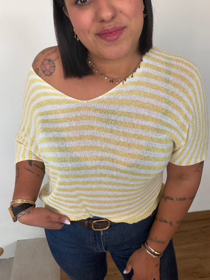 Camiseta rayas amarillo pastel oversize de hilo para mujer