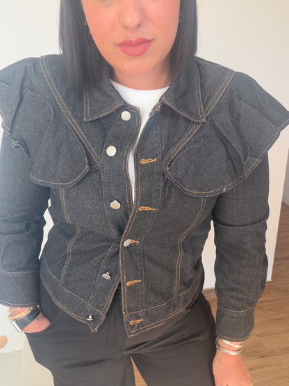 Chaqueta tejana original para mujer con volantes y cierre de botones metálicos