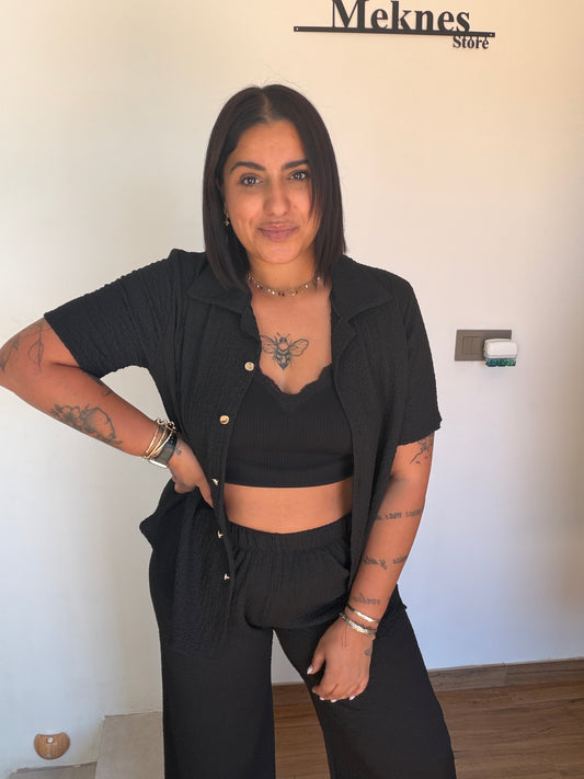 Conjunto Sáhara negro chaqueta manga corta y pantalón wide leg — Meknes Store
