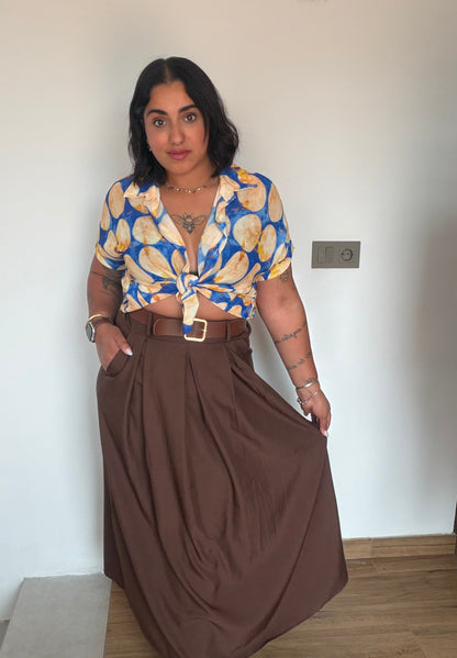 Falda Midi Chocolate marrón caída fluida largo midi tiro alto — Meknes Store