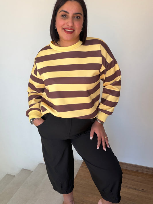 Sudadera a rayas marrones y beige cuello redondo fit relajado mujer