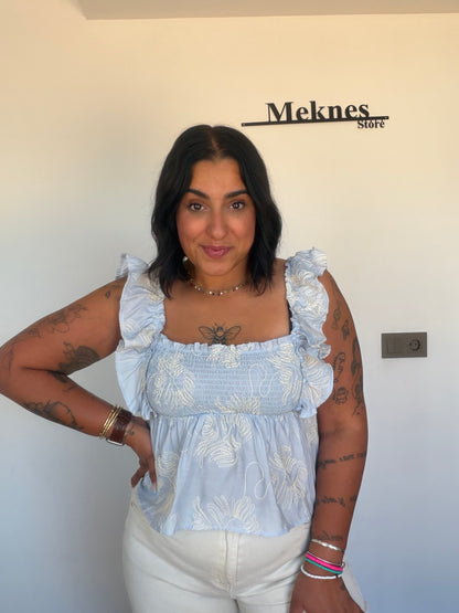 Top Bohème celeste bordado floral escote cuadrado smocking cintura — Meknes Store