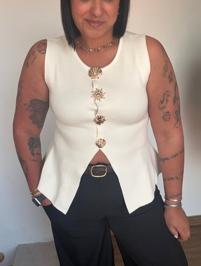 Top blanco elegante sin mangas con botones dorados marineros Meknes Store