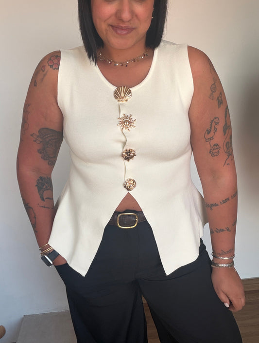 Top blanco elegante sin mangas con botones dorados marineros Meknes Store