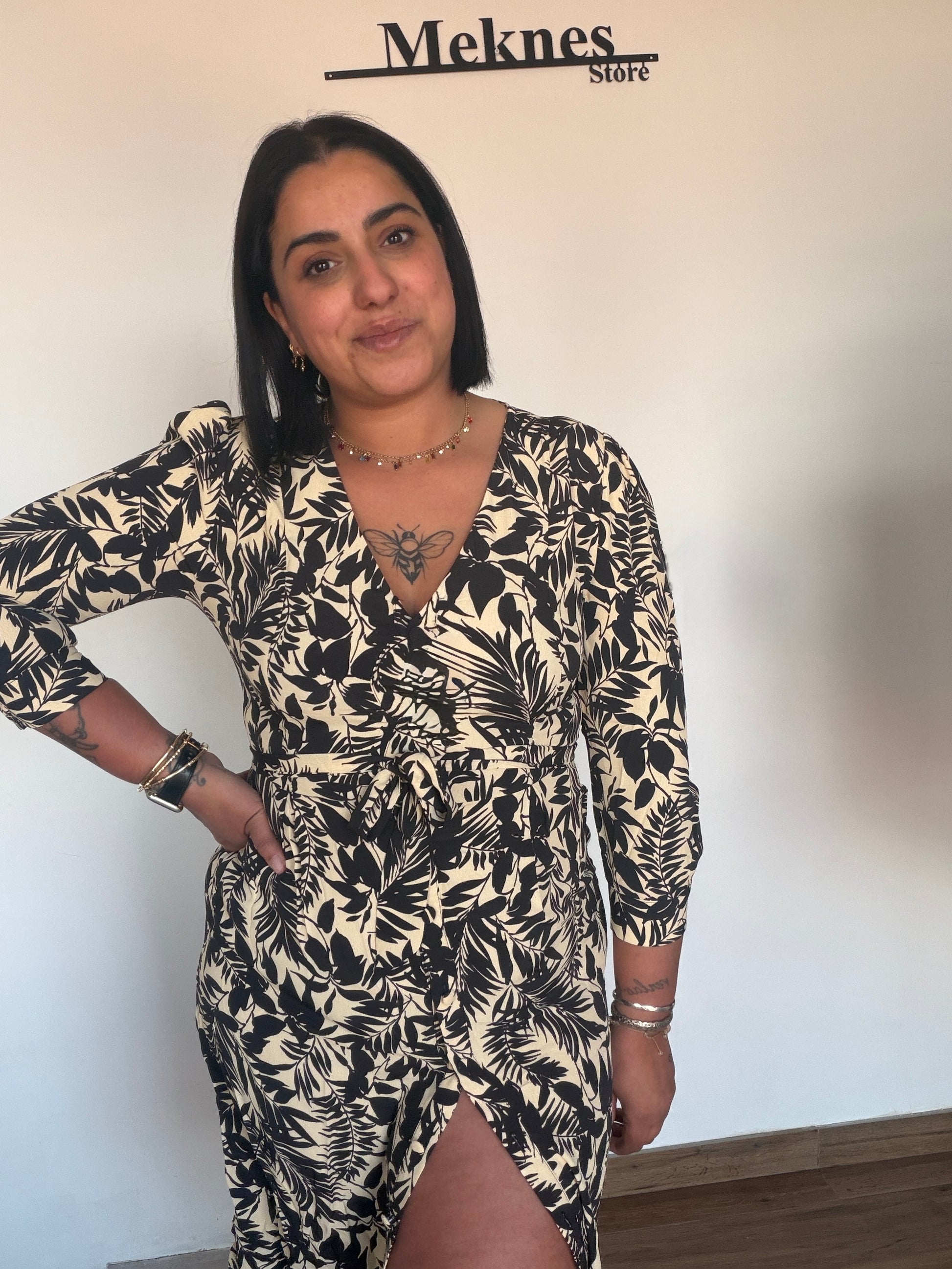 Vestido midi fluido estampado vegetal beige y negro mujer Meknes Store