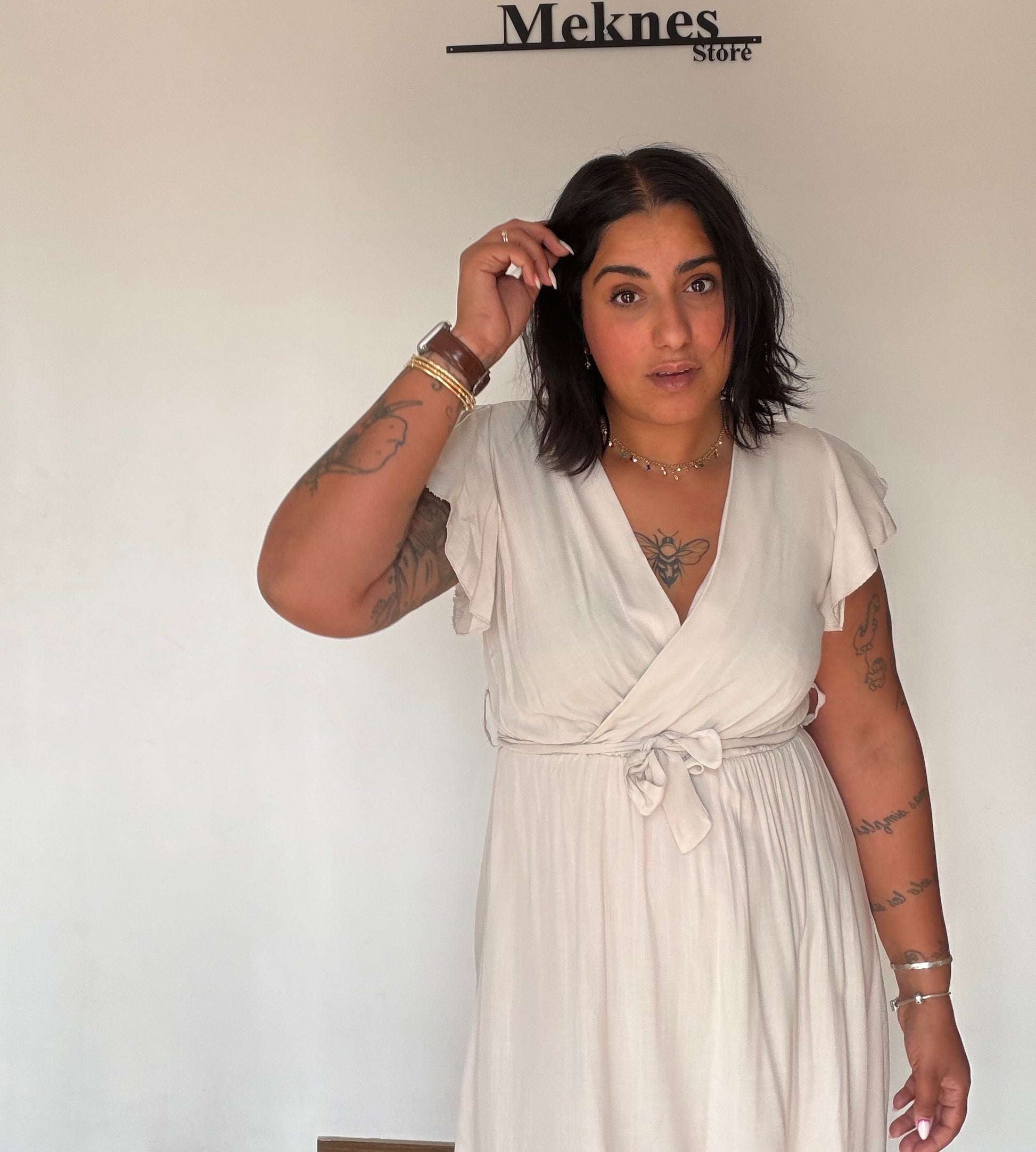 Vestido Brisa beige crudo wrap midi corto mujer — Meknes Store