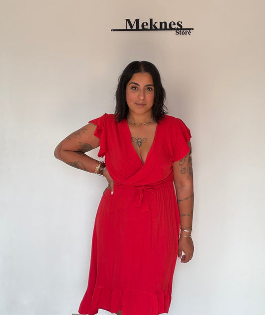 Vestido Brisa rojo escote cruzado wrap mangas volante cintura elástica — Meknes Store