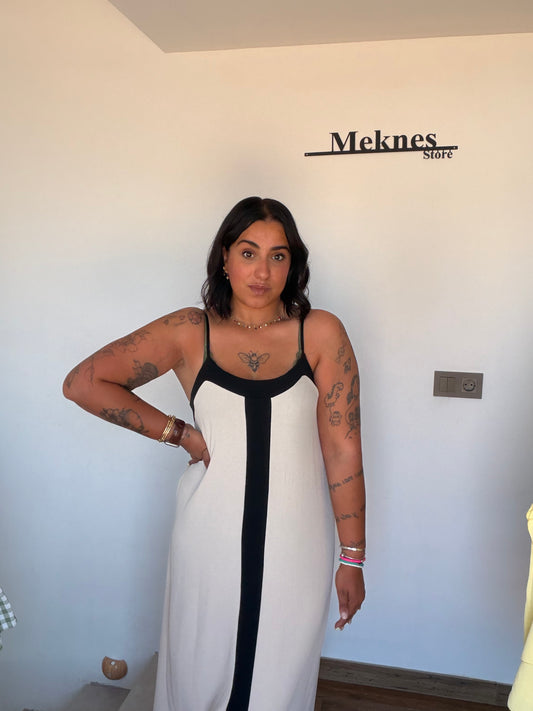 Vestido Palm maxi bicolor blanco franja negra central tirantes finos — Meknes Store